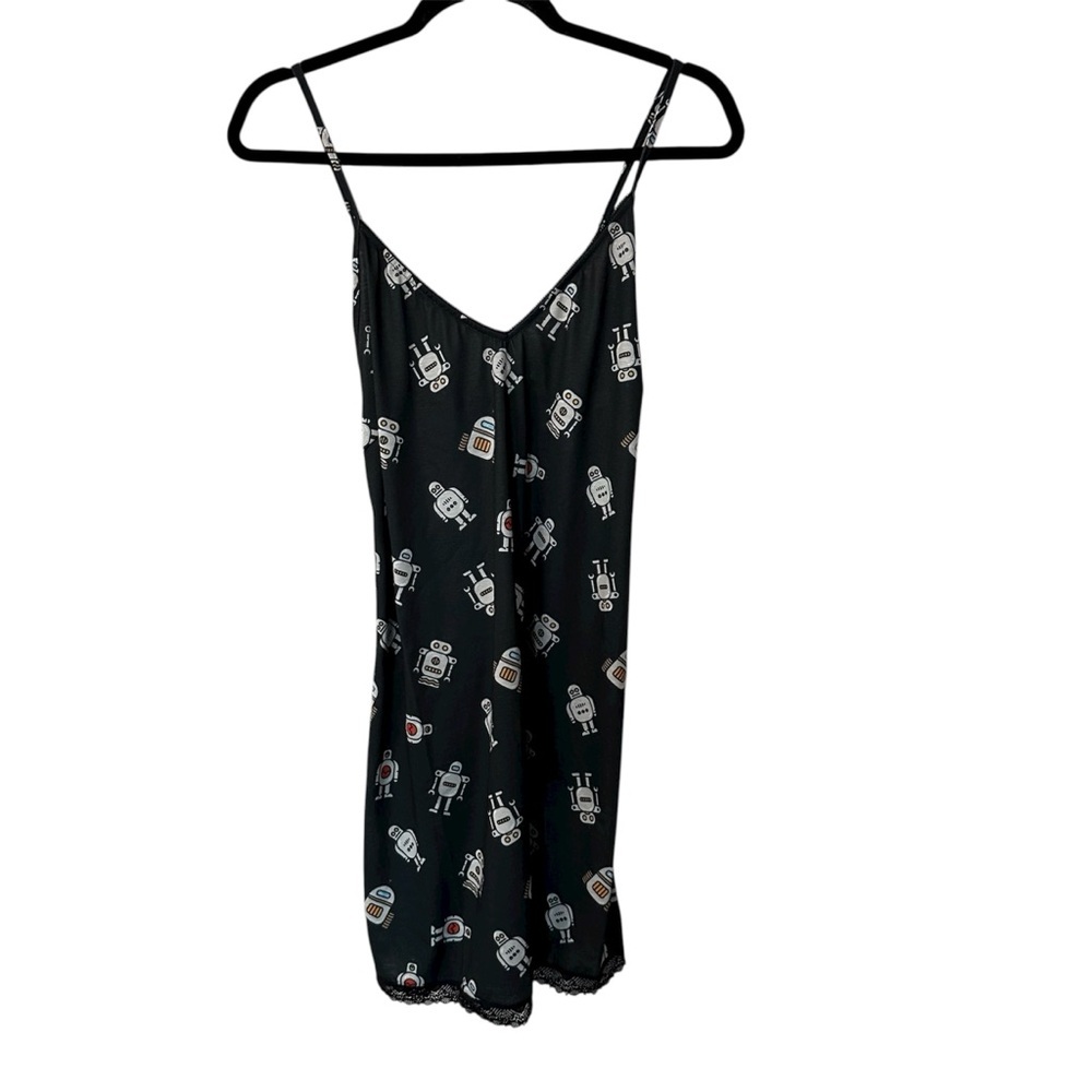 ModCloth Women’s Black Breakfast for Dinner Robot V-Neck Nightgown Sz L NWT